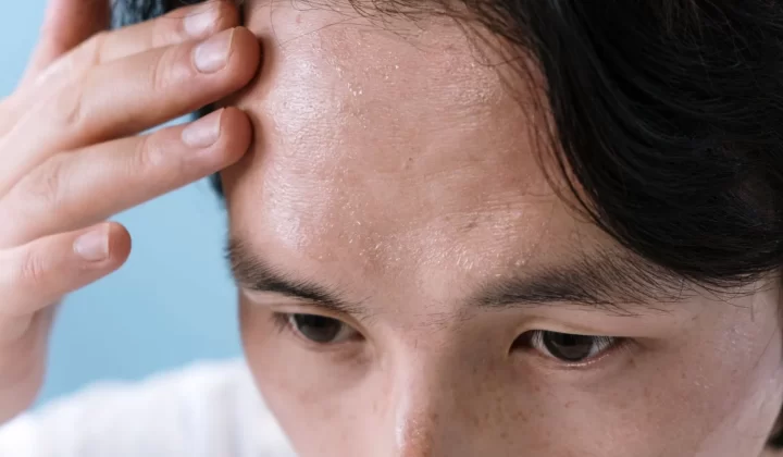 男性额头出汗,用手触摸特写