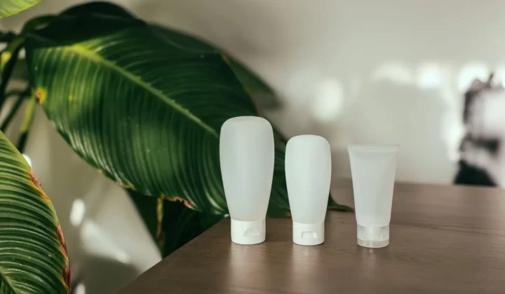 木桌上的简约化妆品瓶,绿叶背景