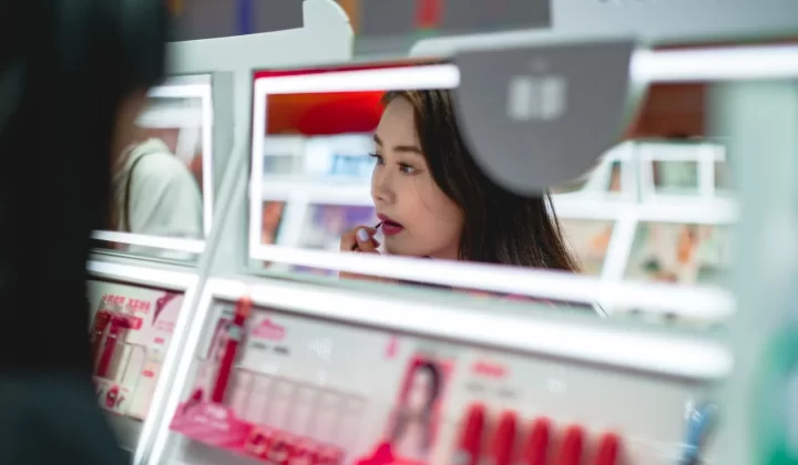 女性在日本商店试用口红,对镜化妆