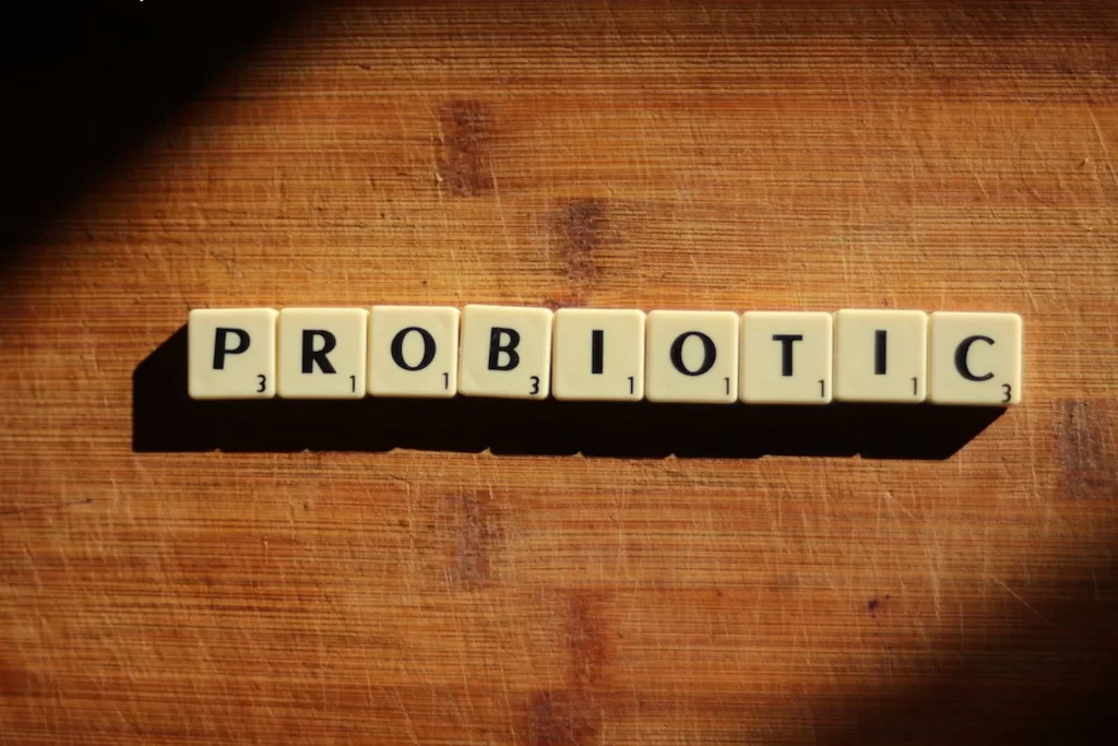 木质表面上用字母块拼出probiotic单词特写