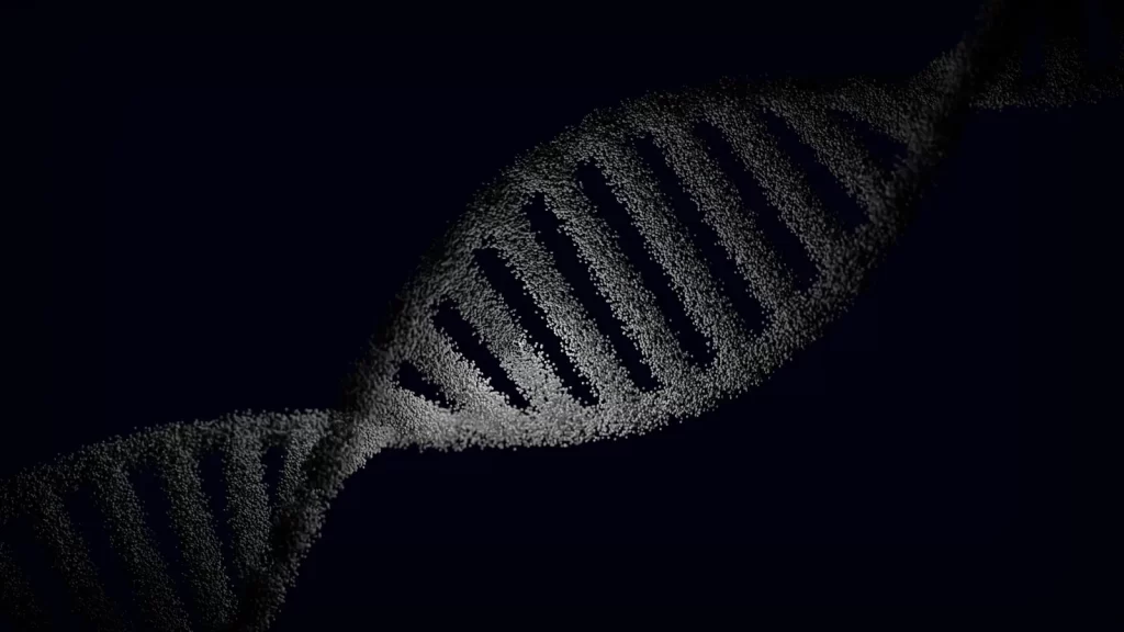 DNA链艺术渲染,深色背景粒子效果