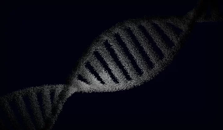 DNA链艺术渲染,深色背景粒子效果