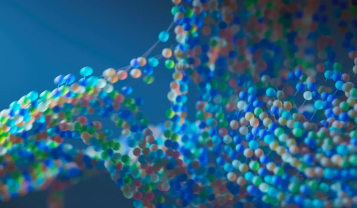 彩色抽象分子结构特写,球体互相连接