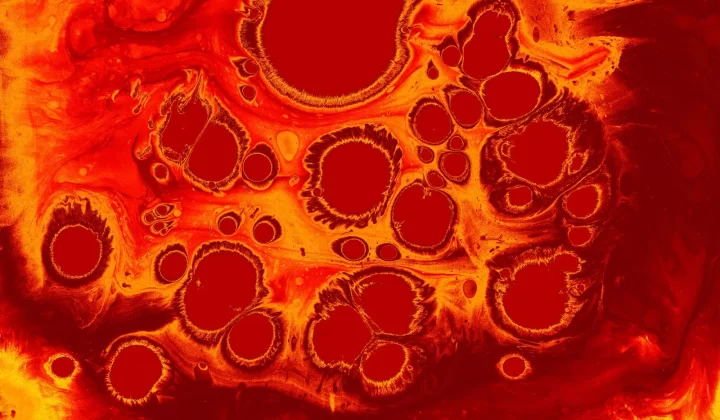 彩色抽象流体艺术,鲜艳红黄漩涡形似细胞