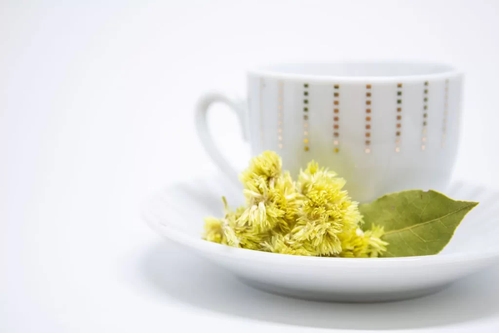 极简茶杯搭配黄色花朵和叶片,禅意放松主题