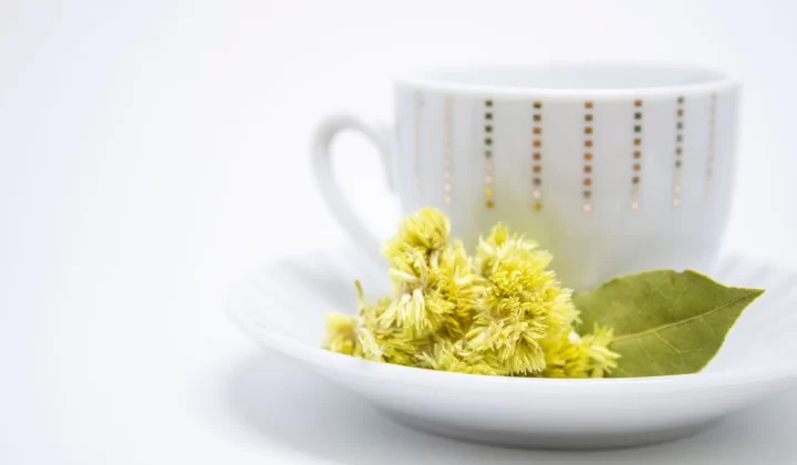 极简茶杯搭配黄色花朵和叶片,禅意放松主题