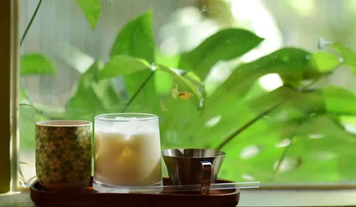 宁静场景,咖啡杯搭配一杯牛奶放在阳光洒入的窗边,翠绿背景