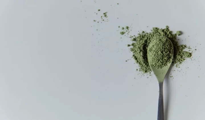 优质抹茶粉放在勺子上,极简工作室场景