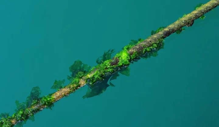 绳索搭配绿色海藻沉浸在清澈绿松石水中,细节展示