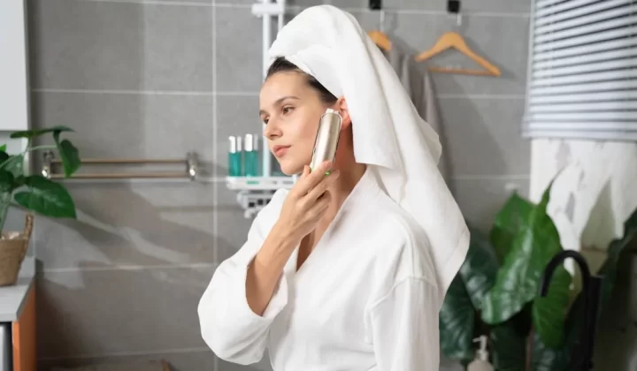 a woman with a towel on her head is looking at her cell phone