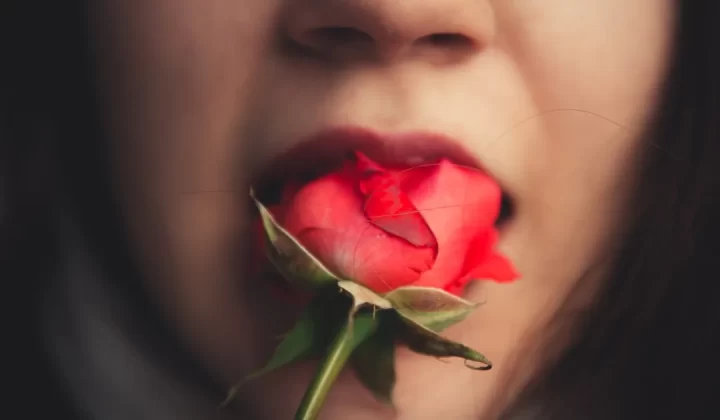 woman eating red rose