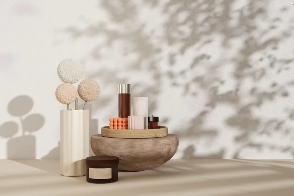 A table topped with a vase filled with different types of items