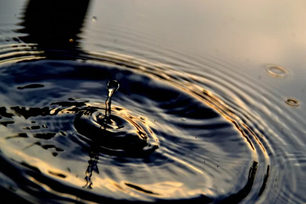 Water drop creating ripples on a dark surface