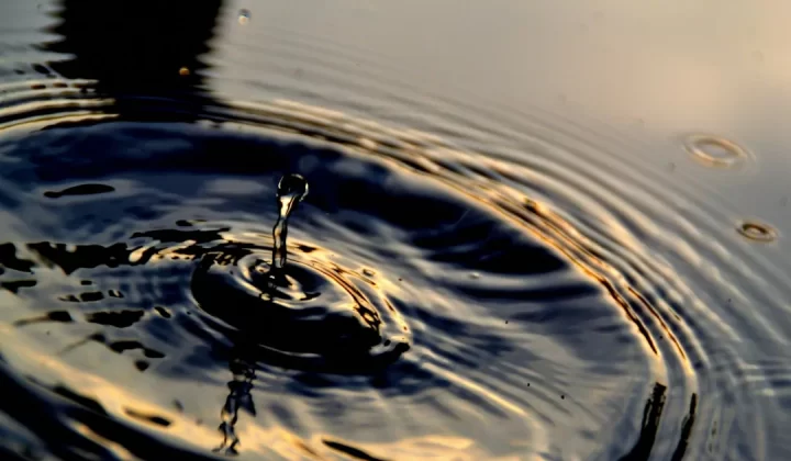 Water drop creating ripples on a dark surface