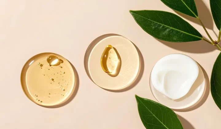 Skincare products with leaves on a light background.
