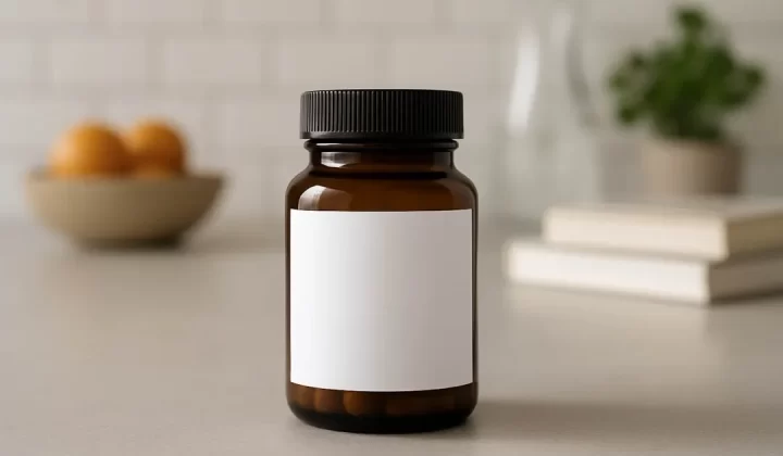 Amber bottle with white label on counter