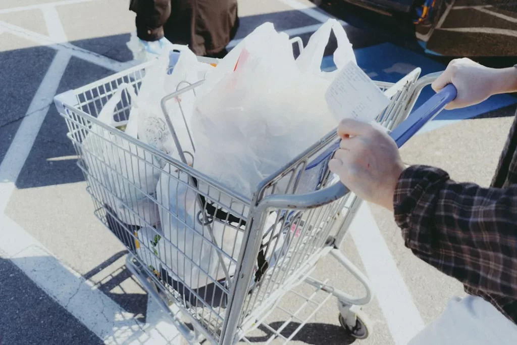 A person pushing a shopping cart full of bags