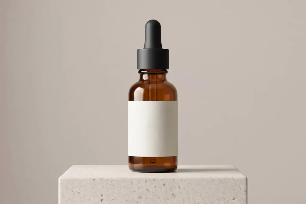 Amber glass dropper bottle with blank label on concrete block.