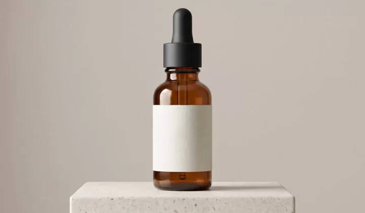 Amber glass dropper bottle with blank label on concrete block.