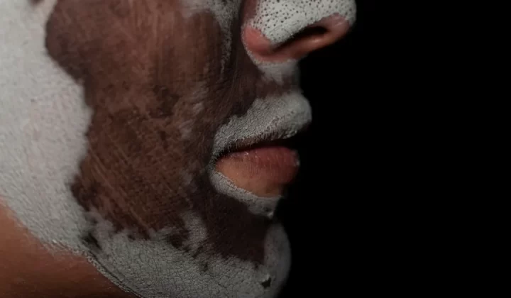 A face mask covers parts of the skin.