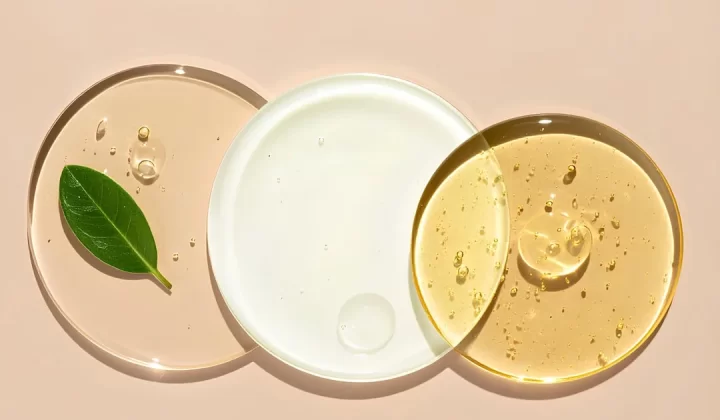 Cosmetic serums arranged on clear, circular plates.