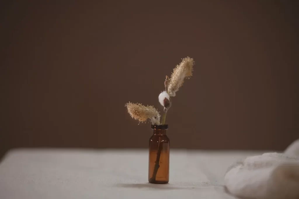 a dried flower in a brown bottle on a bed